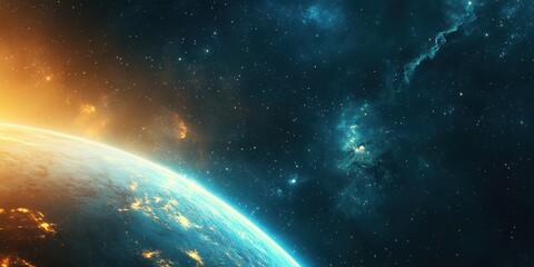 Obraz premium A stunning view of a planet bathed in sunlight with a cosmic background filled with stars and galaxies, perfect for space-themed projects.