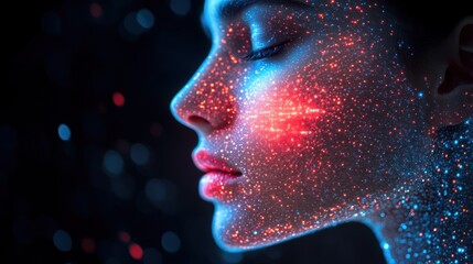 Digital face with glowing data points and ethereal look