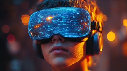 Child with glowing virtual reality headset, exploring a futuristic digital world, immersive VR technology, experiencing advanced virtual environments with vibrant lighting and high-tech innovation