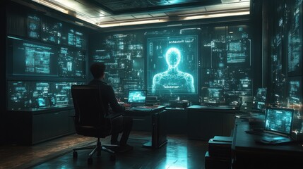 Futuristic office with AI takeover holographic display