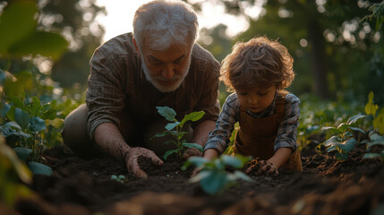 Grandfather and grandson planting young saplings together in a lush garden, bonding over gardening, multi-generational connection in nature, nurturing growth and environmental care