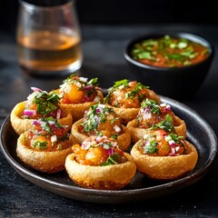 Pani puri served on a plate with tangy water, beautifully lit in a studio to highlight the crispy shells and colorful filling. 