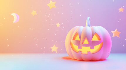 Delightful 3D pumpkin with a happy face, softly illuminated, resting on a pastel background sprinkled with light Halloween decorations like charming stars and whimsical moons.