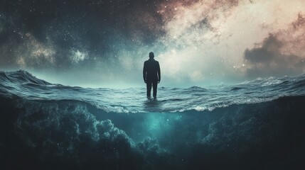Lone figure on rippling ocean beneath starry cosmos