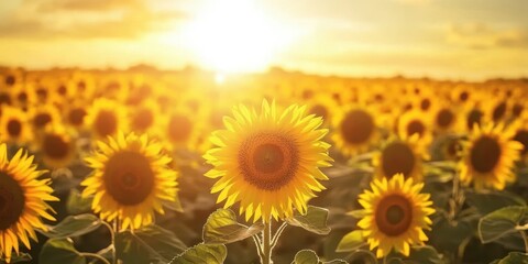 Fototapeta premium A vibrant field of sunflowers basking in the warm sunlight at sunset, symbolizing joy and positivity in nature.