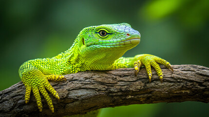 Fototapeta premium A vibrant green tree monitor basking on a branch