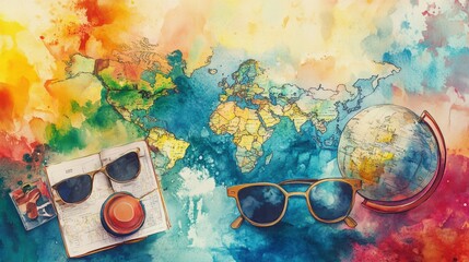 Watercolor World Map Travel Composition