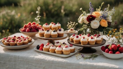 Fototapeta premium Summer Berry Tartlets & Floral Arrangement: A delightful spread of mini tarts, brimming with fresh raspberries and blueberries, sits elegantly on a rustic table, adorned with a vibrant summer bouquet.