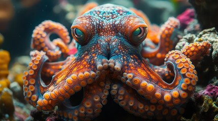 closeup of an octopus skillfully blending into its rocky coral habitat showcasing its remarkable camouflage abilities and vibrant colors in an underwater paradise