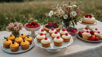Obraz premium Summer Picnic Dessert Spread: A delightful array of cupcakes, cheesecakes, and fresh fruit, artfully arranged on a rustic table setting, creates a picturesque summer picnic scene. 