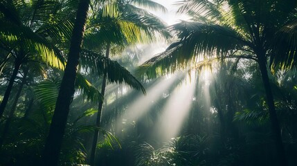 Naklejka premium Sunlight Through Palm Trees in Tropical Rainforest
