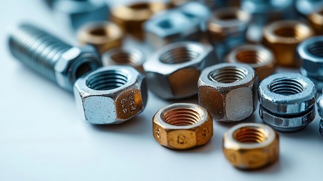 closeup of assorted nuts and bolts spread out against a clean white background offering ample copy space for design purposes suitable for industrialthemed projects