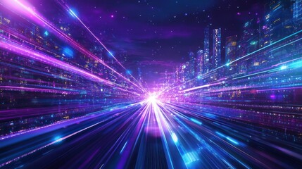 Obraz premium Starry night cityscape with radiant neon light streaks.