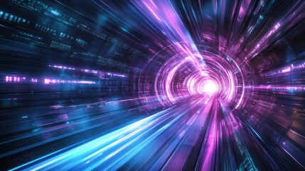 Thrilling neon tunnel with pink and purple hues glowing.