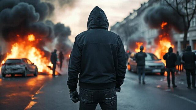 A hooded figure walks away from a burning car during a riot in the street