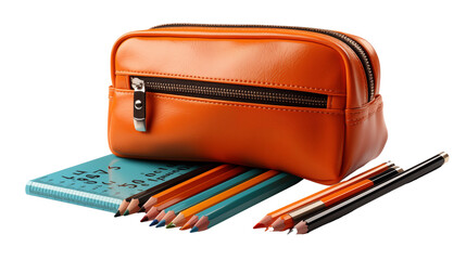 Pencil case with stationery, studio view, isolated on white background.