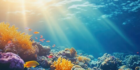 Obraz premium Beneath the ocean waves, vibrant coral reefs and colorful fish create a stunning underwater landscape illuminated by sunlight.