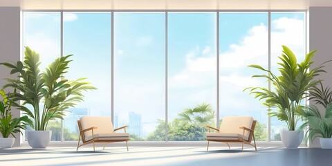 Bright and airy interior featuring modern chairs and lush plants, creating a serene atmosphere with large windows and a scenic view.