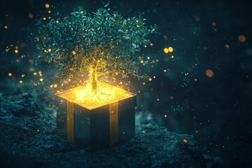 A glowing gift box with a tiny, intricate, magical tree growing from within 