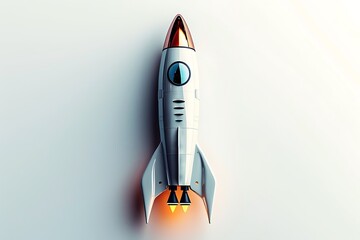 A modern icon of a rocket with detailed features and sleek lines centered on a pristine white background
