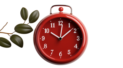 Red alarm clock with red apple, studio view, isolated on white background.