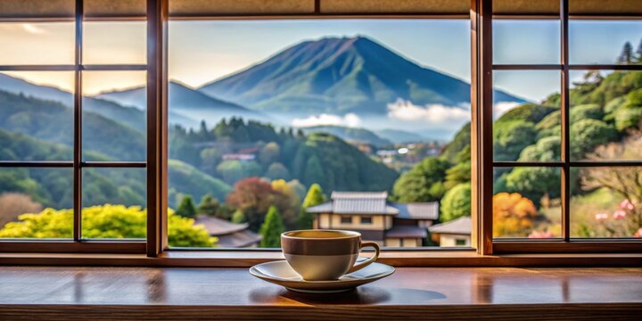Japanese tea cup with beautiful mountain view from window at Yufuin, Japan