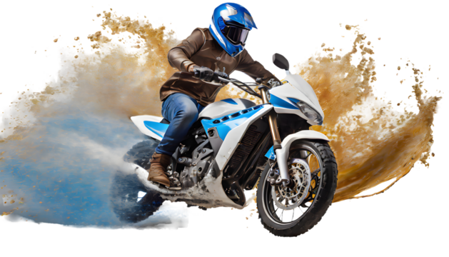 riding a motorcycle Splash on a white isolated background. Generative AI.