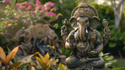 Fototapeta premium Lord Ganesh Statue in Serene Garden Setting