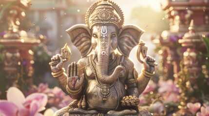 Serene Ganesh in Meditative Pose Amid Vibrant Flora