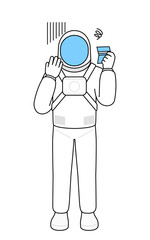 Astronaut looking at his bankbook and feeling depressed.