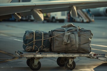 Luggage trolley being loaded with bags on the tarmac at the airport