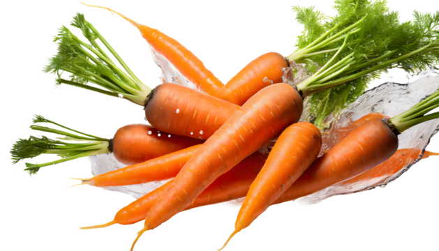 Ripe carrots Splash on a white isolated background. Generative AI.