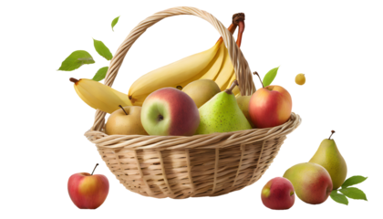 ripe fruits falling in traditional wicker basket with handle realistic composition with pear. Generative AI.