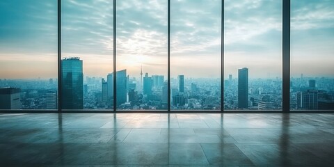Fototapeta premium Contemporary office space with panoramic city view through large glass windows at sunrise, showcasing urban skyline and tranquility.