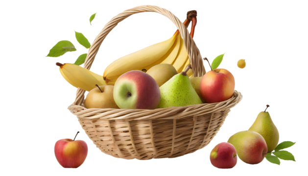 ripe fruits falling in traditional wicker basket with handle realistic composition with pear. Generative AI.