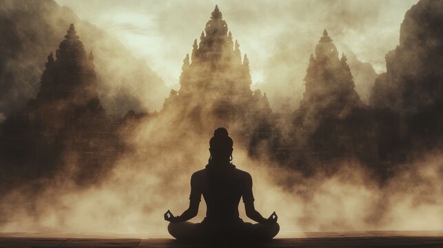 Meditating Silhouette of Lord Shivas in Serene Landscape