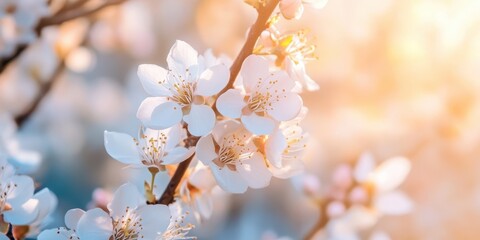 Obraz premium Delicate white flowers blooming in spring sunlight, creating a serene and peaceful atmosphere in nature.