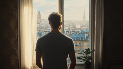 A man is looking out of a window at the city