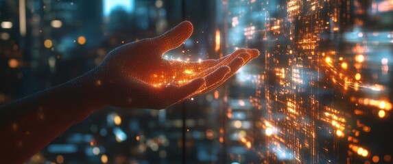 Illuminated hand interacting with digital cityscape.