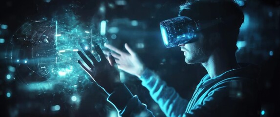 Man using virtual reality headset with holographic display