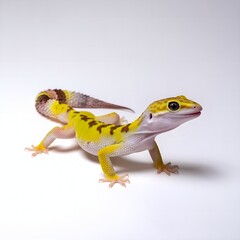 Obraz premium Leopard Gecko Lizard in a Dynamic Pose on a White Background, Highlighting Its Bold Colors and Unique Patterns