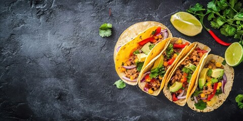 Delicious tacos filled with fresh ingredients, served on a dark stone background. Perfect for food lovers and culinary enthusiasts.