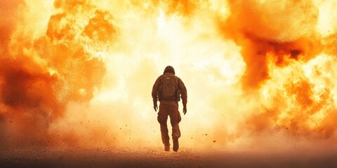Dramatic silhouette of a soldier walking away from a massive explosion in a fiery scene, evoking feelings of bravery and danger.