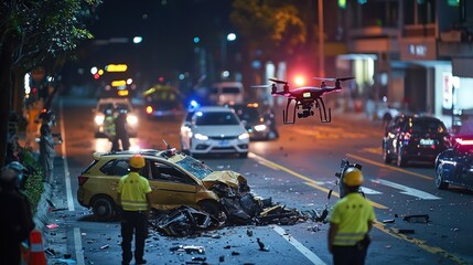 Obraz premium Nighttime drone surveys taxi crash for responders