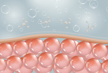 molecule and bubble background, concept cosmetics solution. Water and vitamin drop on skin cell.