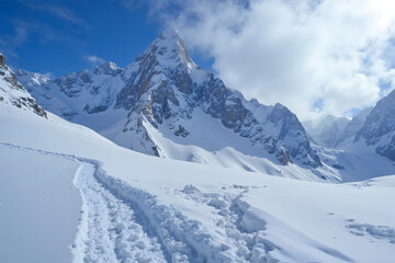 Breathtaking scenic landscape view of majestic snow white capped mountains, with a view of the top peak. Concept on climbing, trekking expedition, winter ski sports, wanderlust adventure tourism.