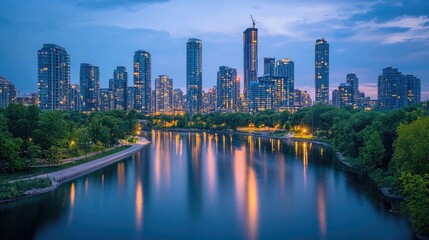 Naklejka premium City skyline reflection at twilight with glowing lights