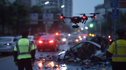 Drone capturing car crash scene during evening hours.
