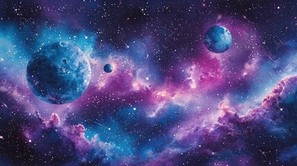 Cosmic Dreams: Watercolor Galaxy with Planets, Stars, and Cosmic Dust in Stunning Purples and Blues
