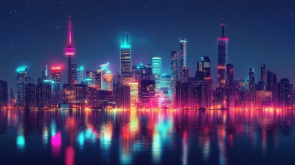 Vibrant City Skyline at Night with Reflective Waters